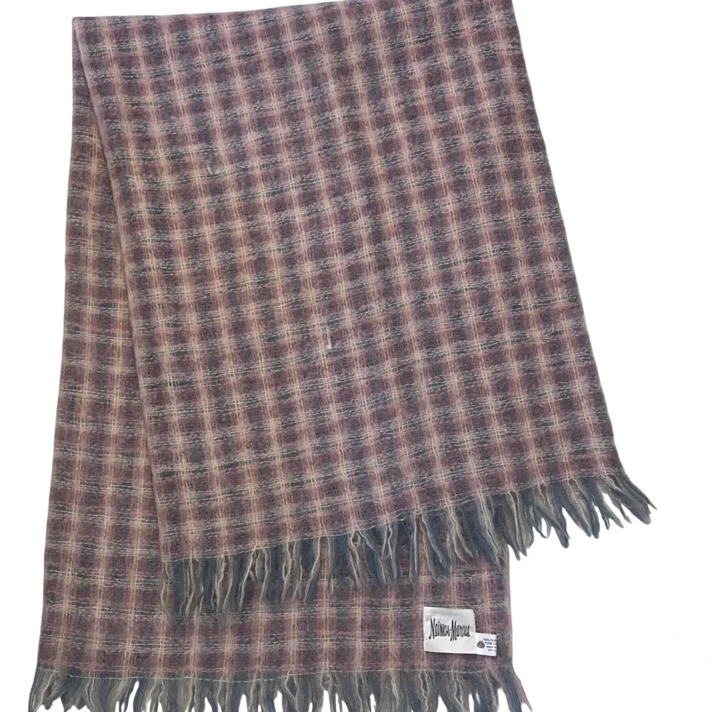 Neiman Marcus Vintage Wool‎ Plaid Throw Blanket Made in Scotland Pink Blue 68x48